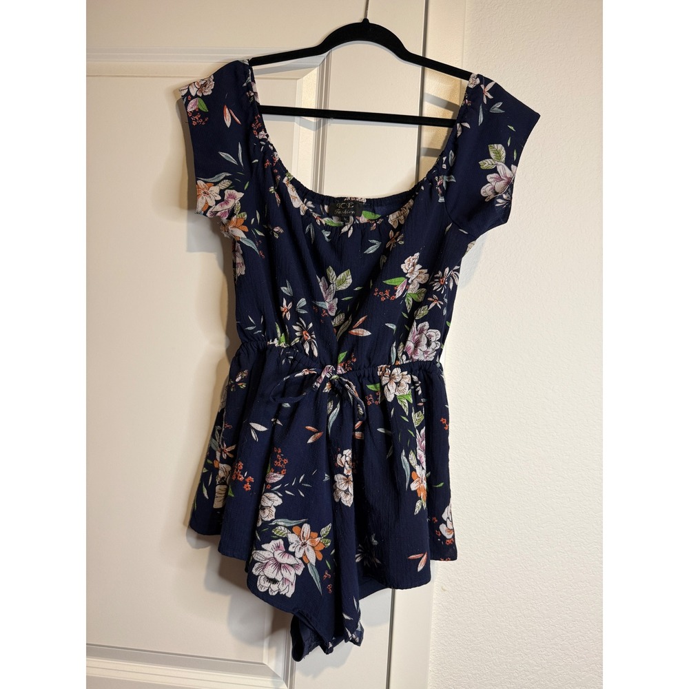 ICE Fashion Navy Blue Floral Romper Short Sleeve Elastic Waist Size L